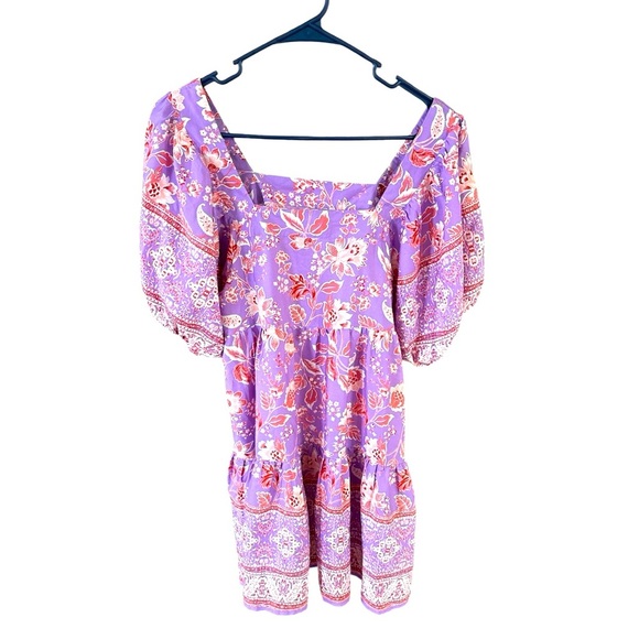 Band of the Free boho mini dress-purple with red details, puff sleeves size M - Picture 1 of 5